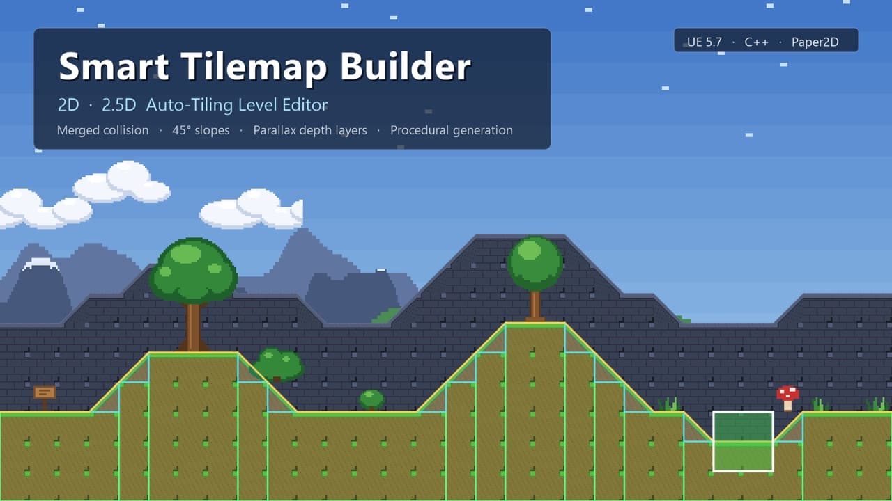 Smart Tilemap Builder painting a 2D level with slopes and merged collision in Unreal Engine
